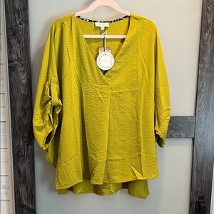 Umgee Chartreuse V-Neck Roll-Tab Sleeve Tunic